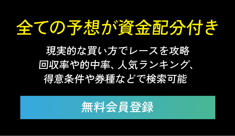 全ての予想が資金配分付き　現実的な買い方でレースを攻略　回収率や的中率、人気ランキング、得意条件や券種などで検索可能　無料会員登録