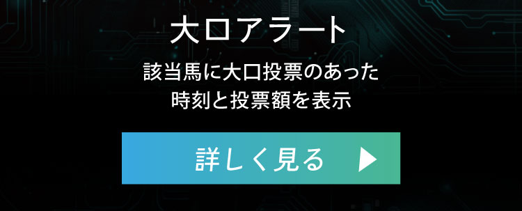 大口アラート：該当馬に大口投票のあった時刻と投票額を表示。詳しく見る