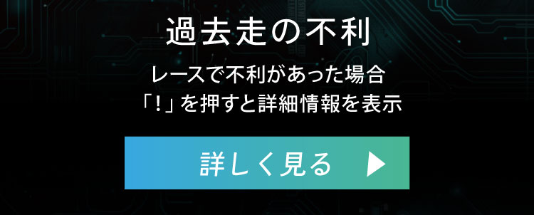過去走の不利：レースで不利があった場合「！」を押すと詳細情報を表示。詳しく見る